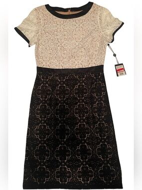 Adrianna Papell Cream Lace Bodice with Black Lace Skirt Midi Dress